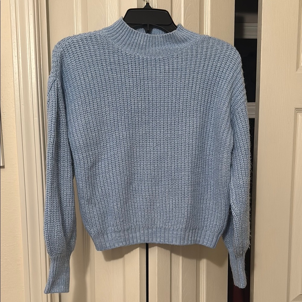 Gianni Bini Blue Cowl Turtleneck Sweater with Ribbed Texture and Cropped Fit